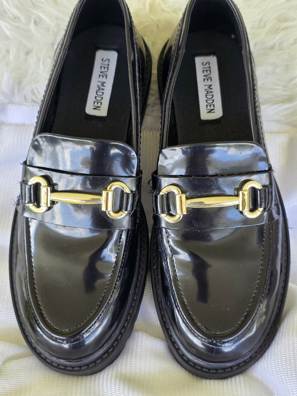Steve Madden Black Patent Leather Loafers with Gold Bit